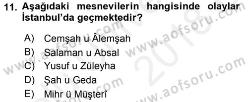 XVI. Yüzyıl Türk Edebiyatı Dersi 2017 - 2018 Yılı 3 Ders Sınavı 11. Soru