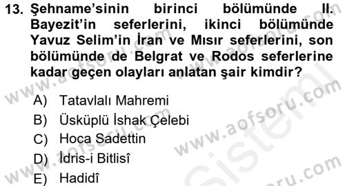 XVI. Yüzyıl Türk Edebiyatı Dersi 2017 - 2018 Yılı 3 Ders Sınavı 13. Soru