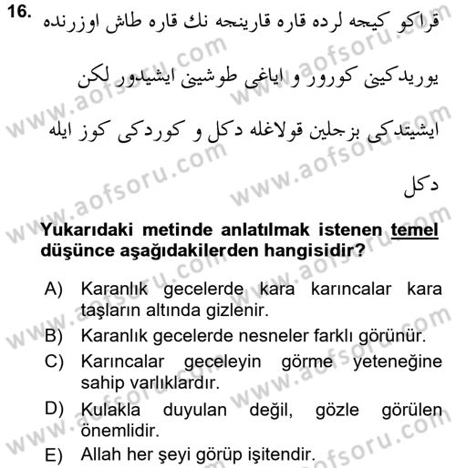 XVI. Yüzyıl Türk Edebiyatı Dersi 2017 - 2018 Yılı 3 Ders Sınavı 16. Soru