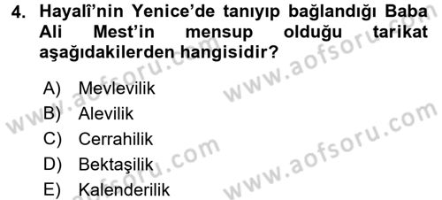 XVI. Yüzyıl Türk Edebiyatı Dersi 2017 - 2018 Yılı 3 Ders Sınavı 4. Soru