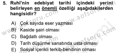 XVI. Yüzyıl Türk Edebiyatı Dersi 2017 - 2018 Yılı 3 Ders Sınavı 5. Soru