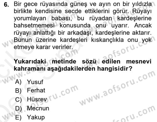 XVI. Yüzyıl Türk Edebiyatı Dersi 2017 - 2018 Yılı 3 Ders Sınavı 6. Soru