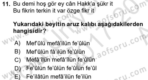XVI. Yüzyıl Türk Edebiyatı Dersi 2017 - 2018 Yılı (Vize) Ara Sınav Soruları 11. Soru