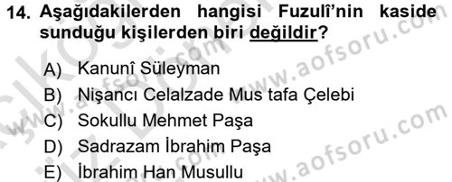 XVI. Yüzyıl Türk Edebiyatı Dersi 2017 - 2018 Yılı (Vize) Ara Sınav Soruları 14. Soru