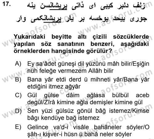 XVI. Yüzyıl Türk Edebiyatı Dersi 2017 - 2018 Yılı (Vize) Ara Sınav Soruları 17. Soru