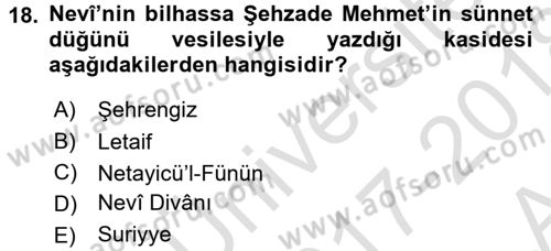 XVI. Yüzyıl Türk Edebiyatı Dersi 2017 - 2018 Yılı (Vize) Ara Sınav Soruları 18. Soru