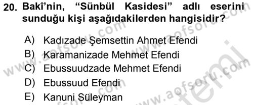 XVI. Yüzyıl Türk Edebiyatı Dersi 2017 - 2018 Yılı (Vize) Ara Sınav Soruları 20. Soru