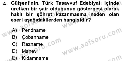 XVI. Yüzyıl Türk Edebiyatı Dersi 2017 - 2018 Yılı (Vize) Ara Sınav Soruları 4. Soru