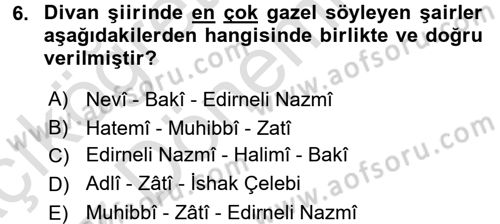XVI. Yüzyıl Türk Edebiyatı Dersi 2017 - 2018 Yılı (Vize) Ara Sınav Soruları 6. Soru