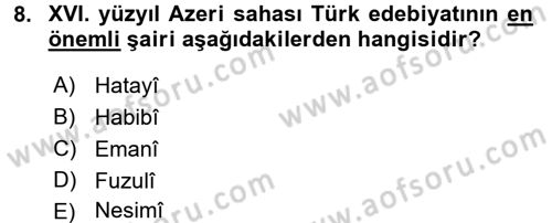 XVI. Yüzyıl Türk Edebiyatı Dersi 2017 - 2018 Yılı (Vize) Ara Sınavı 8. Soru