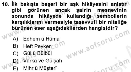 XVI. Yüzyıl Türk Edebiyatı Dersi 2017 - 2018 Yılı (Final) Dönem Sonu Sınav Soruları 10. Soru