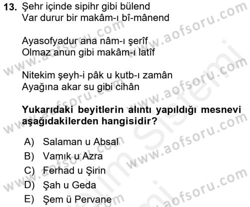 XVI. Yüzyıl Türk Edebiyatı Dersi 2017 - 2018 Yılı (Final) Dönem Sonu Sınav Soruları 13. Soru