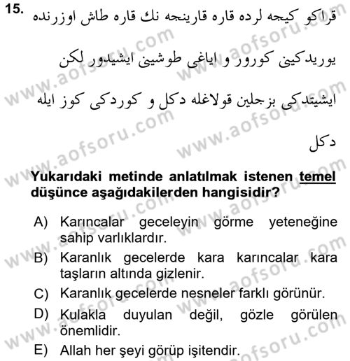 XVI. Yüzyıl Türk Edebiyatı Dersi 2017 - 2018 Yılı (Final) Dönem Sonu Sınav Soruları 15. Soru