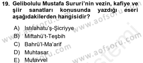 XVI. Yüzyıl Türk Edebiyatı Dersi 2017 - 2018 Yılı (Final) Dönem Sonu Sınav Soruları 19. Soru