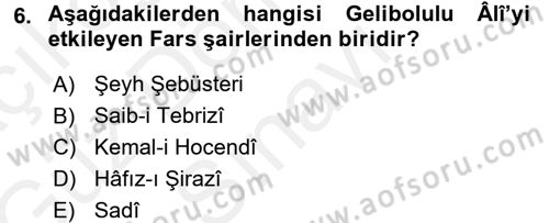 XVI. Yüzyıl Türk Edebiyatı Dersi 2017 - 2018 Yılı (Final) Dönem Sonu Sınav Soruları 6. Soru