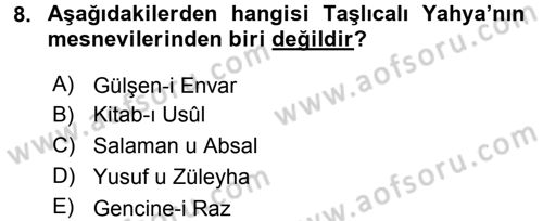 XVI. Yüzyıl Türk Edebiyatı Dersi 2017 - 2018 Yılı (Final) Dönem Sonu Sınav Soruları 8. Soru