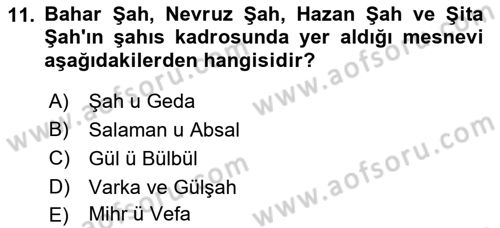 XVI. Yüzyıl Türk Edebiyatı Dersi 2018 - 2019 Yılı 3 Ders Sınav Soruları 11. Soru