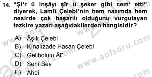 XVI. Yüzyıl Türk Edebiyatı Dersi 2018 - 2019 Yılı 3 Ders Sınav Soruları 14. Soru