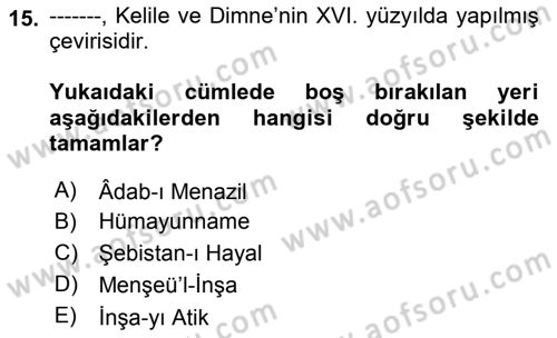 XVI. Yüzyıl Türk Edebiyatı Dersi 2018 - 2019 Yılı 3 Ders Sınav Soruları 15. Soru