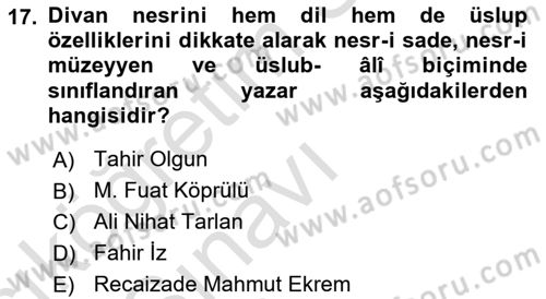 XVI. Yüzyıl Türk Edebiyatı Dersi 2018 - 2019 Yılı 3 Ders Sınav Soruları 17. Soru
