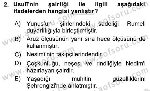 XVI. Yüzyıl Türk Edebiyatı Dersi 2018 - 2019 Yılı 3 Ders Sınav Soruları 2. Soru