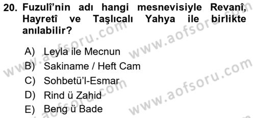 XVI. Yüzyıl Türk Edebiyatı Dersi 2018 - 2019 Yılı 3 Ders Sınav Soruları 20. Soru