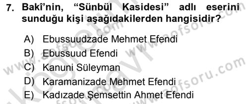 XVI. Yüzyıl Türk Edebiyatı Dersi 2018 - 2019 Yılı 3 Ders Sınav Soruları 7. Soru