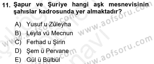 XVI. Yüzyıl Türk Edebiyatı Dersi 2018 - 2019 Yılı (Final) Dönem Sonu Sınav Soruları 11. Soru