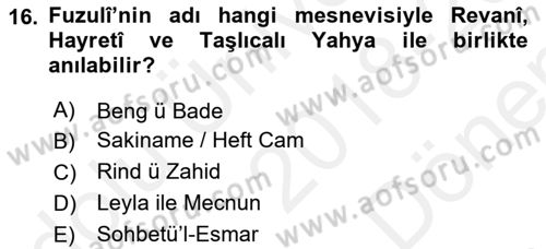 XVI. Yüzyıl Türk Edebiyatı Dersi 2018 - 2019 Yılı (Final) Dönem Sonu Sınav Soruları 16. Soru