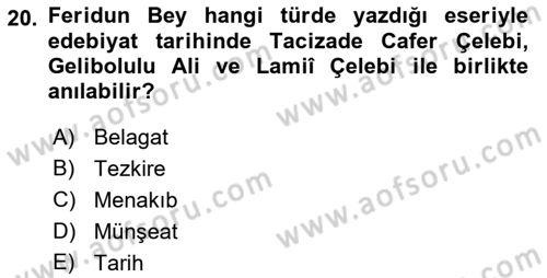 XVI. Yüzyıl Türk Edebiyatı Dersi 2018 - 2019 Yılı (Final) Dönem Sonu Sınav Soruları 20. Soru