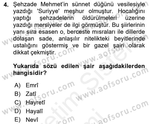 XVI. Yüzyıl Türk Edebiyatı Dersi 2018 - 2019 Yılı (Final) Dönem Sonu Sınav Soruları 4. Soru