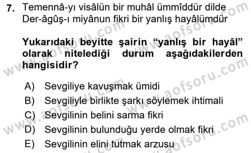 XVI. Yüzyıl Türk Edebiyatı Dersi 2018 - 2019 Yılı (Final) Dönem Sonu Sınav Soruları 7. Soru