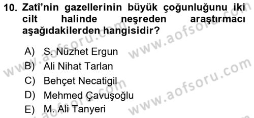 XVI. Yüzyıl Türk Edebiyatı Dersi 2018 - 2019 Yılı Yaz Okulu Sınavı 10. Soru