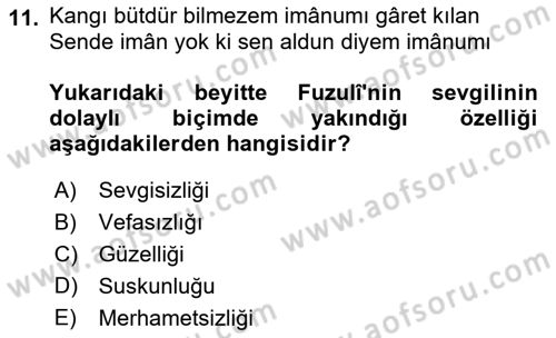 XVI. Yüzyıl Türk Edebiyatı Dersi 2018 - 2019 Yılı Yaz Okulu Sınav Soruları 11. Soru