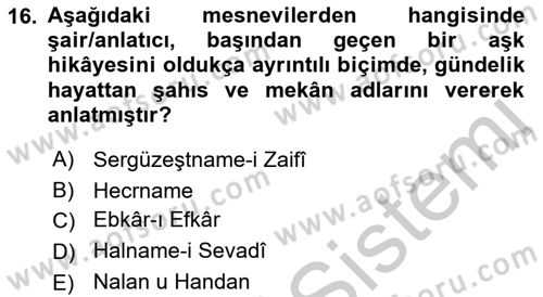 XVI. Yüzyıl Türk Edebiyatı Dersi 2018 - 2019 Yılı Yaz Okulu Sınav Soruları 16. Soru