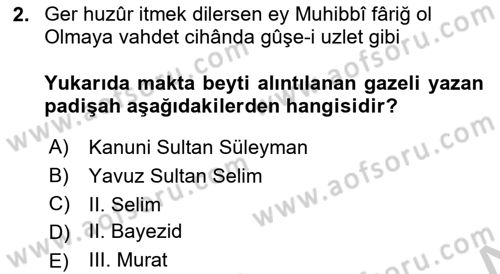 XVI. Yüzyıl Türk Edebiyatı Dersi 2018 - 2019 Yılı Yaz Okulu Sınav Soruları 2. Soru