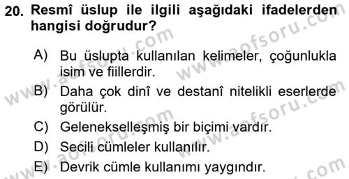XVI. Yüzyıl Türk Edebiyatı Dersi 2018 - 2019 Yılı Yaz Okulu Sınav Soruları 20. Soru