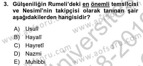 XVI. Yüzyıl Türk Edebiyatı Dersi 2018 - 2019 Yılı Yaz Okulu Sınav Soruları 3. Soru