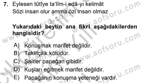 XVI. Yüzyıl Türk Edebiyatı Dersi 2018 - 2019 Yılı Yaz Okulu Sınav Soruları 7. Soru