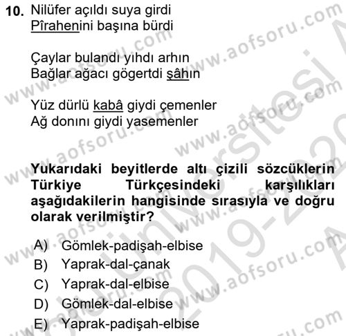 XVI. Yüzyıl Türk Edebiyatı Dersi 2019 - 2020 Yılı (Vize) Ara Sınav Soruları 10. Soru