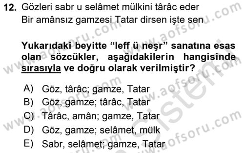 XVI. Yüzyıl Türk Edebiyatı Dersi Ara Sınavı Deneme Sınav Soruları 12. Soru