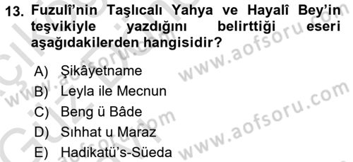 XVI. Yüzyıl Türk Edebiyatı Dersi 2019 - 2020 Yılı (Vize) Ara Sınav Soruları 13. Soru