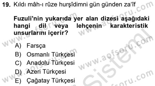 XVI. Yüzyıl Türk Edebiyatı Dersi Ara Sınavı Deneme Sınav Soruları 19. Soru