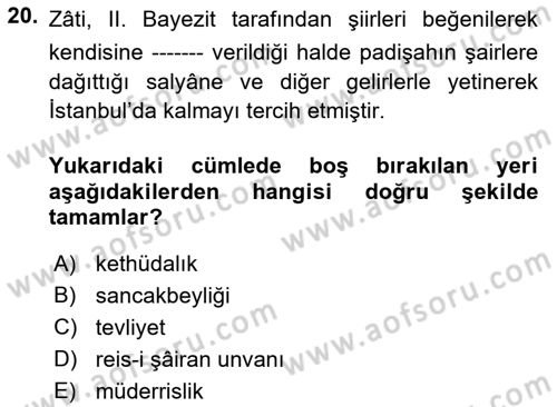 XVI. Yüzyıl Türk Edebiyatı Dersi 2019 - 2020 Yılı (Vize) Ara Sınavı 20. Soru