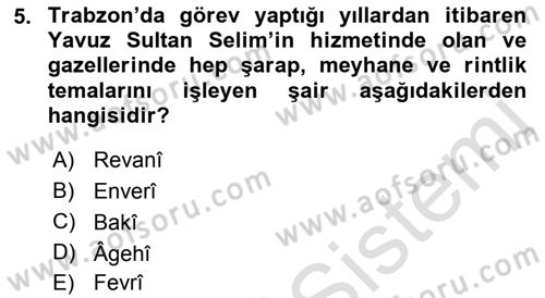XVI. Yüzyıl Türk Edebiyatı Dersi Ara Sınavı Deneme Sınav Soruları 5. Soru