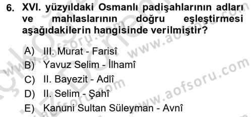 XVI. Yüzyıl Türk Edebiyatı Dersi 2019 - 2020 Yılı (Vize) Ara Sınav Soruları 6. Soru