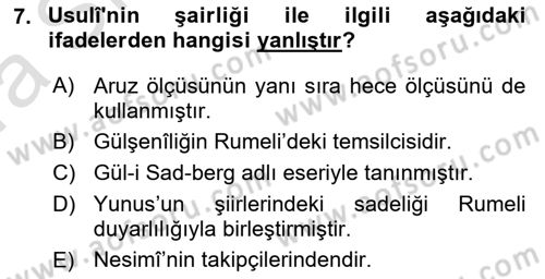 XVI. Yüzyıl Türk Edebiyatı Dersi 2019 - 2020 Yılı (Vize) Ara Sınav Soruları 7. Soru