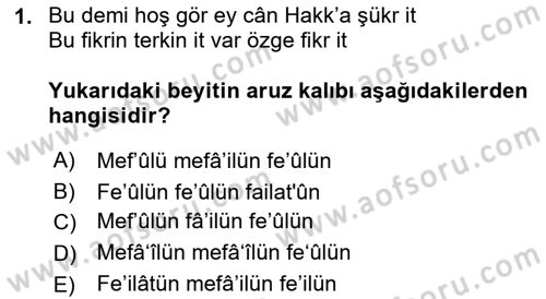 XVI. Yüzyıl Türk Edebiyatı Dersi 2019 - 2020 Yılı (Final) Dönem Sonu Sınav Soruları 1. Soru