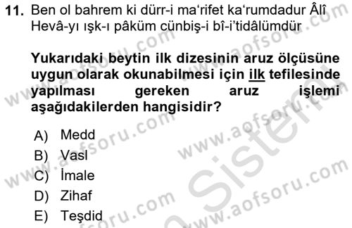 XVI. Yüzyıl Türk Edebiyatı Dersi 2019 - 2020 Yılı (Final) Dönem Sonu Sınav Soruları 11. Soru
