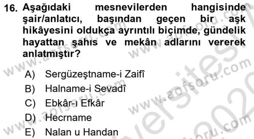 XVI. Yüzyıl Türk Edebiyatı Dersi 2019 - 2020 Yılı (Final) Dönem Sonu Sınav Soruları 16. Soru